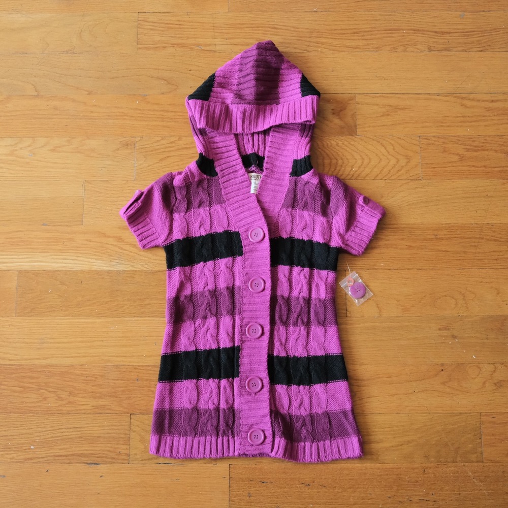 Route 66 Hooded Cardigan Girls Purple Black Striped Cable Knit Emo S Sweater